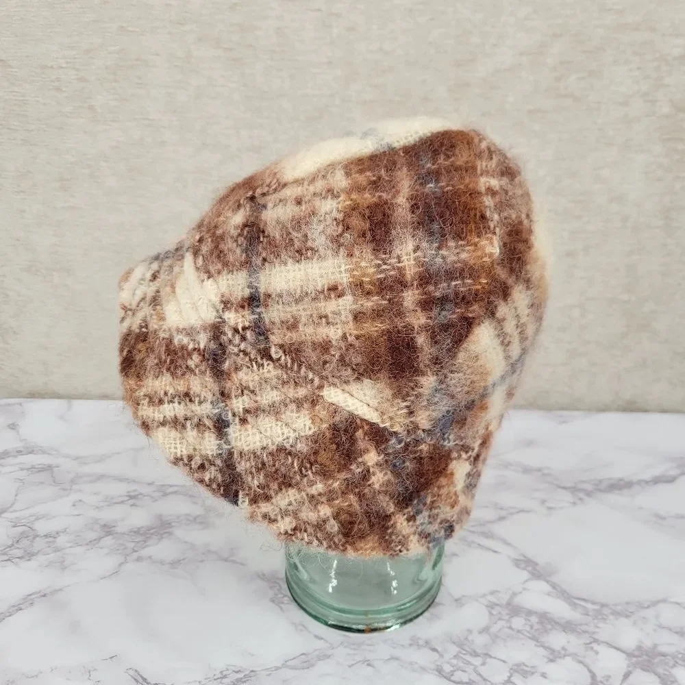 The Scotch House Plaid Mohair and Wool Bucket Hat Brown Cream Vintage